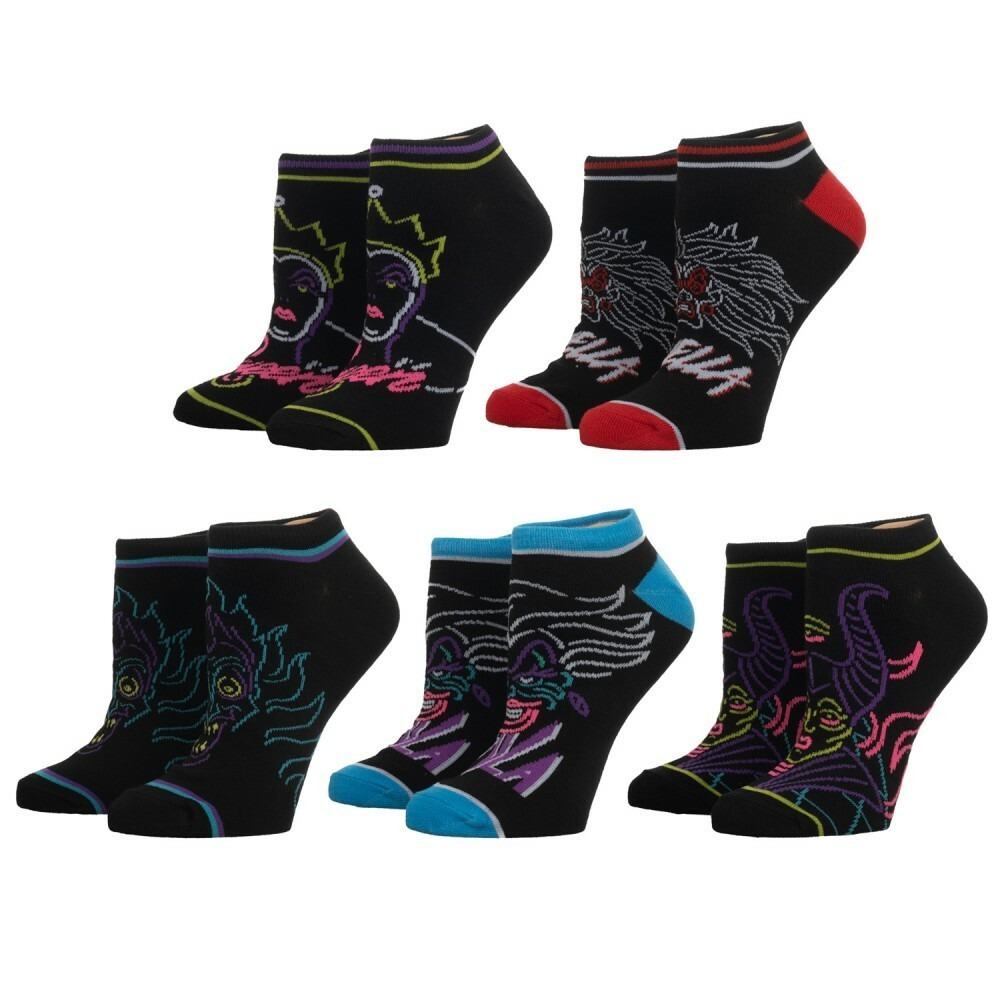 5 Disney Villains Adult Ankle Socks Set Maleficent Ursula Queen Cruella De Vil